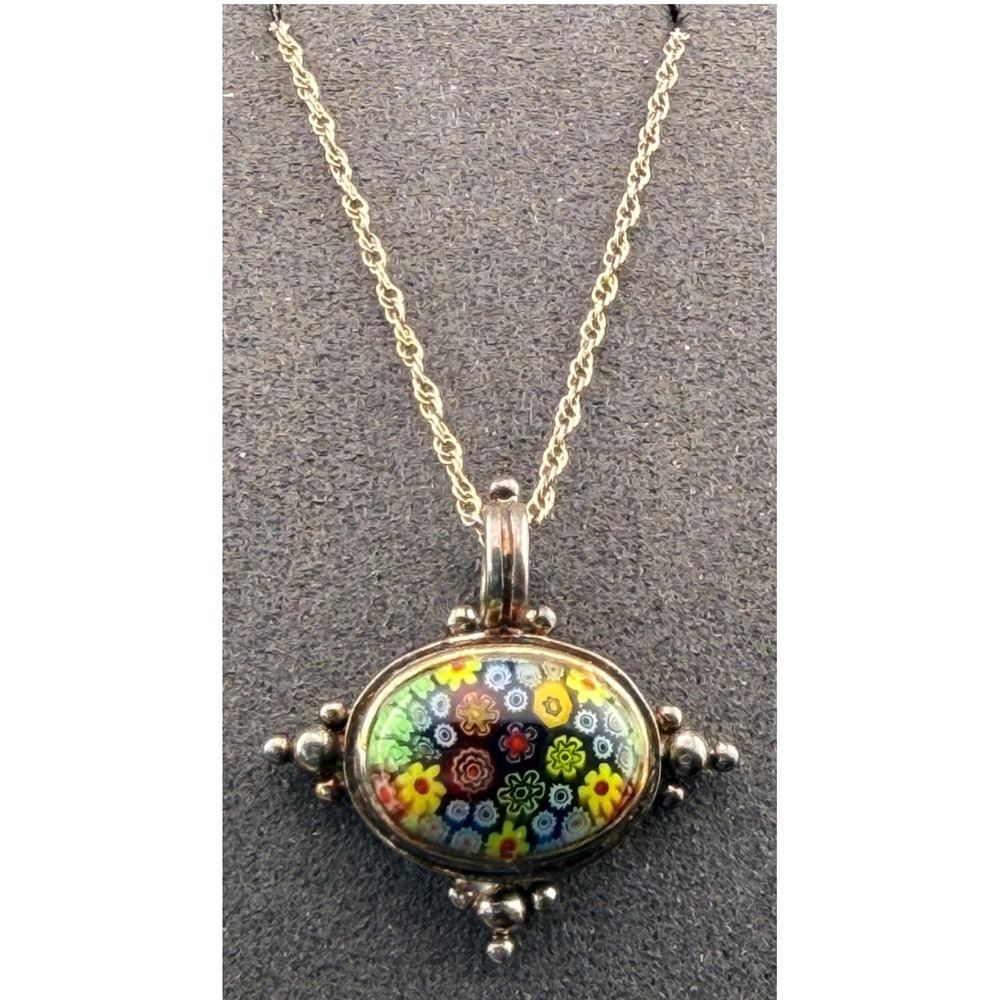 Vintage Millefiori Glass Necklace Sterling Silver 925 Pendant Floral Mosaic 18"